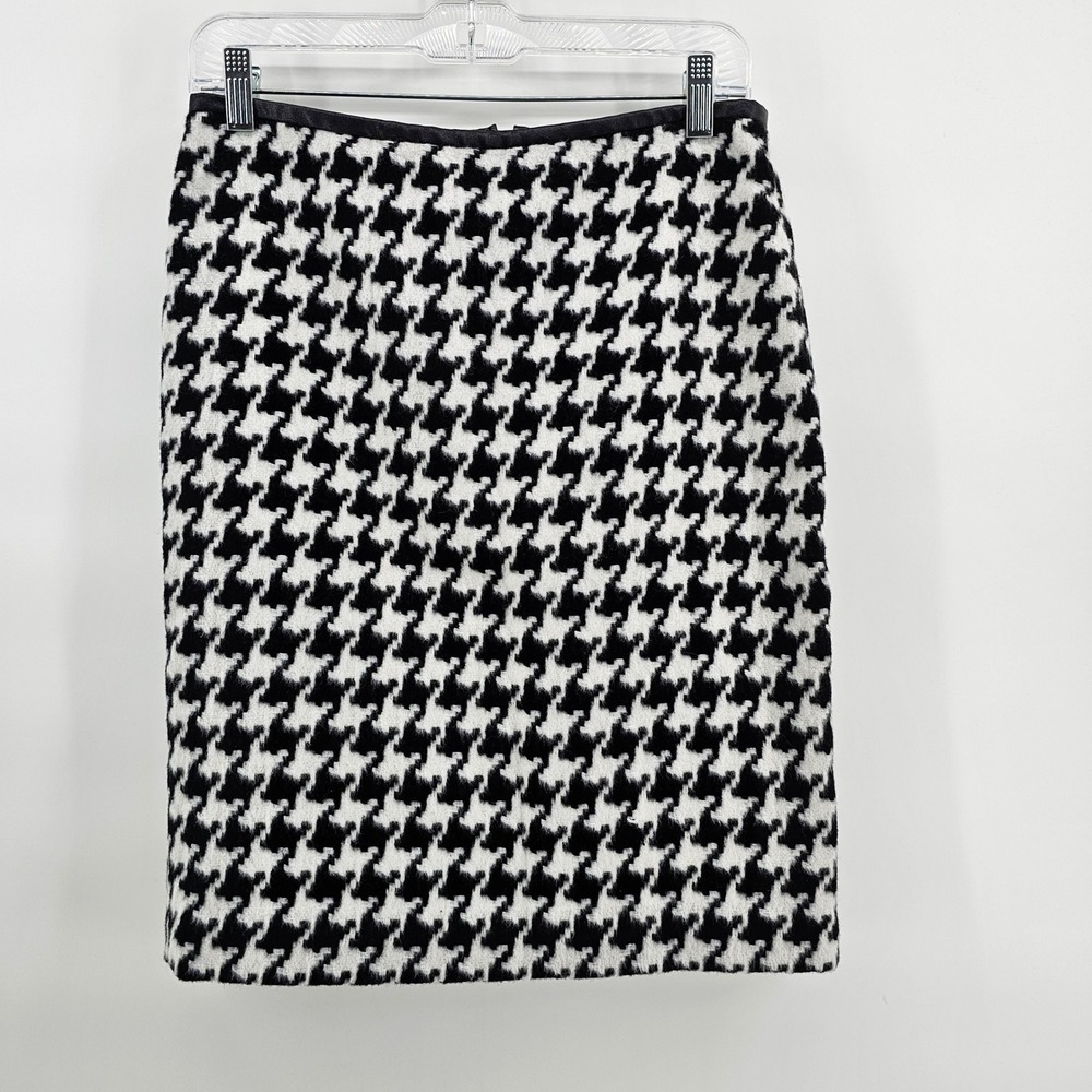 Talbots Pencil Skirt 4 Black White Houndstooth Wool Blend Faux Leather Trim